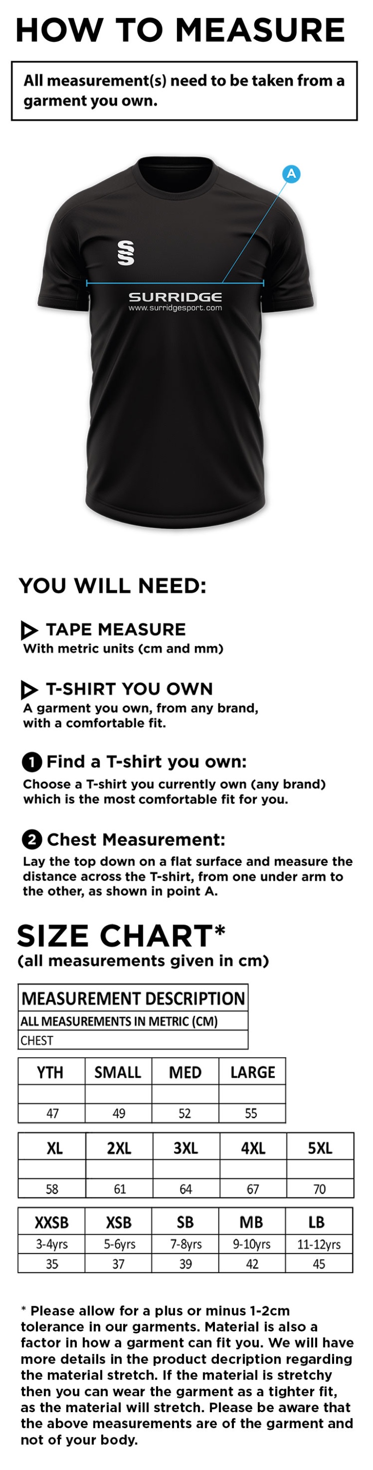 Caldecote CC - Blade Training Shirt - Size Guide