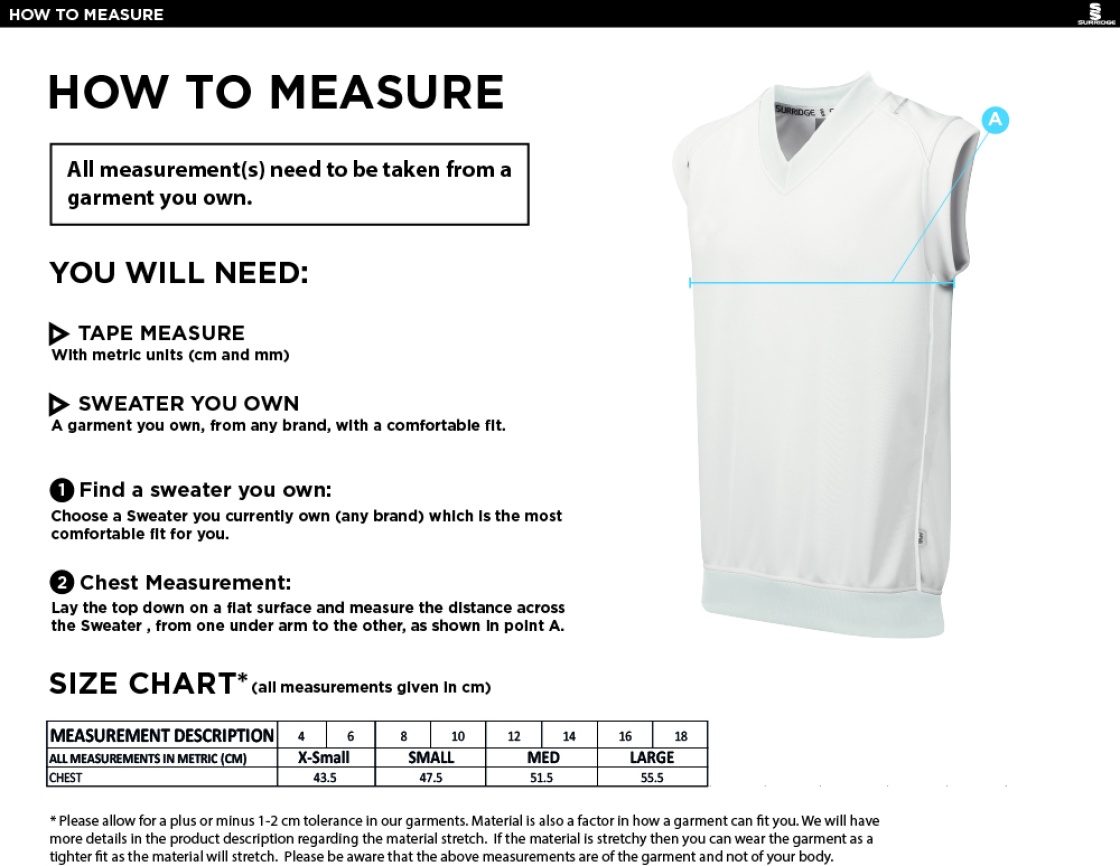 Caldecote CC Blast Sleeveless Women's Cricket Sweater - Size Guide