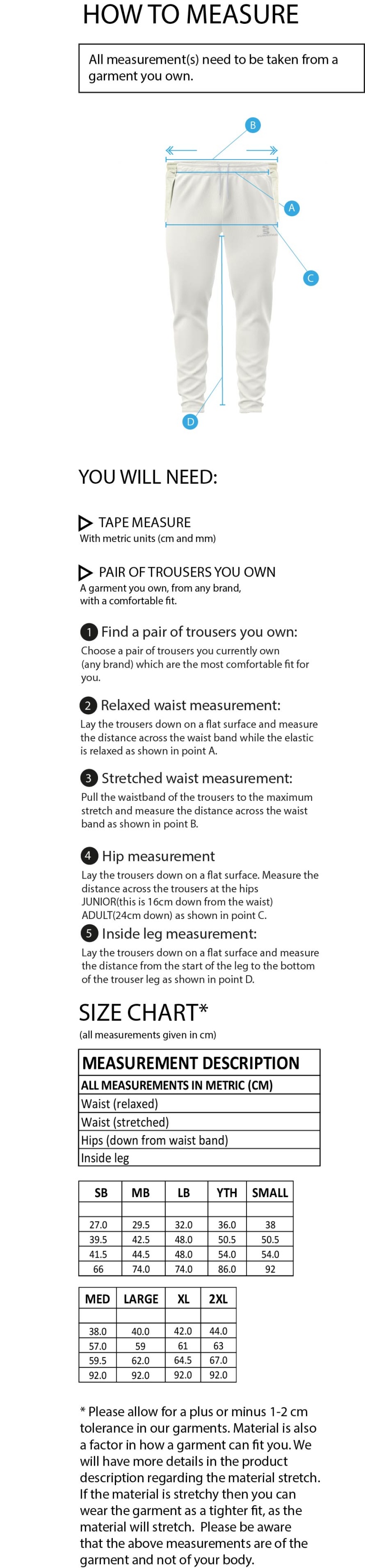 Caldecote CC - Blade Playing Pants - Size Guide