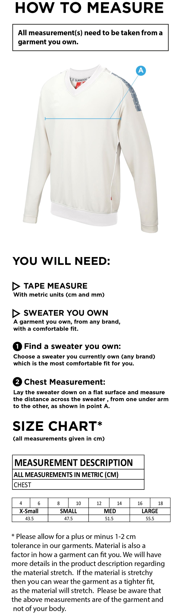 Caldecote CC Blast Long Sleeve Women's Cricket Sweater - Size Guide