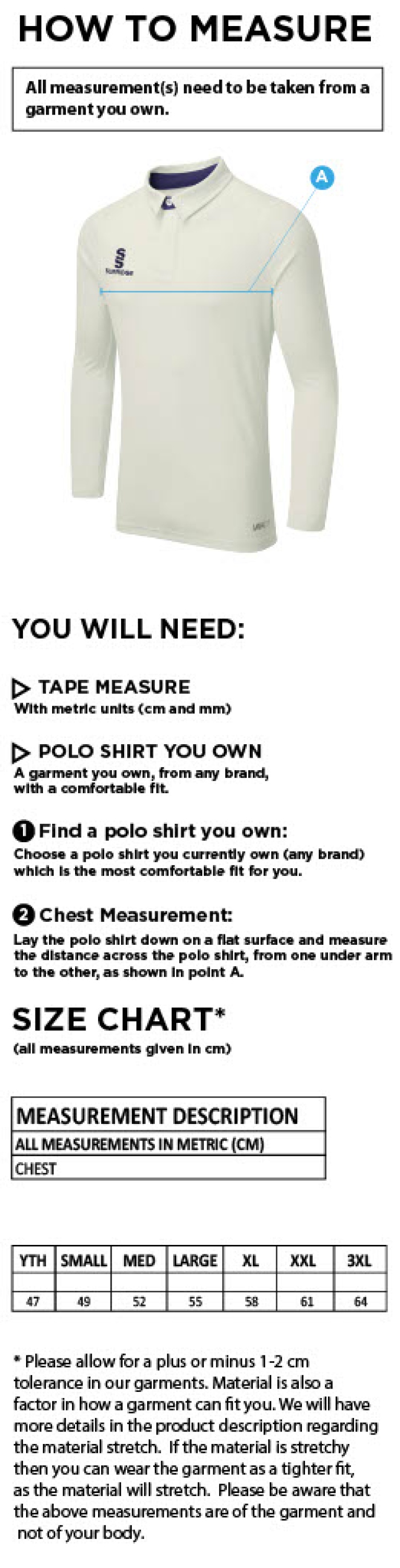Caldectote CC - Ergo Long Sleeved Shirt - Size Guide
