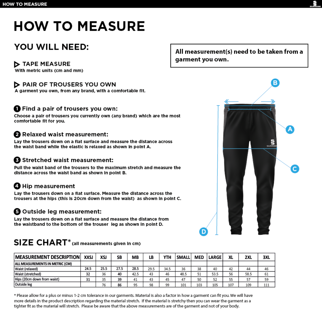 Caldecote CC - Tek Training Pant - Size Guide