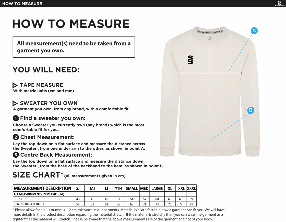 Caldecote CC Blast Long Sleeve Cricket Sweater - Size Guide