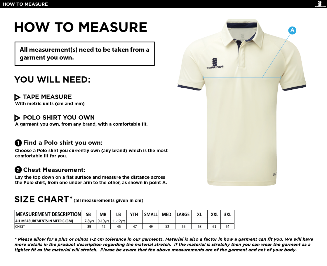 Caldecote CC - Ergo Short Sleeved Shirt - Size Guide