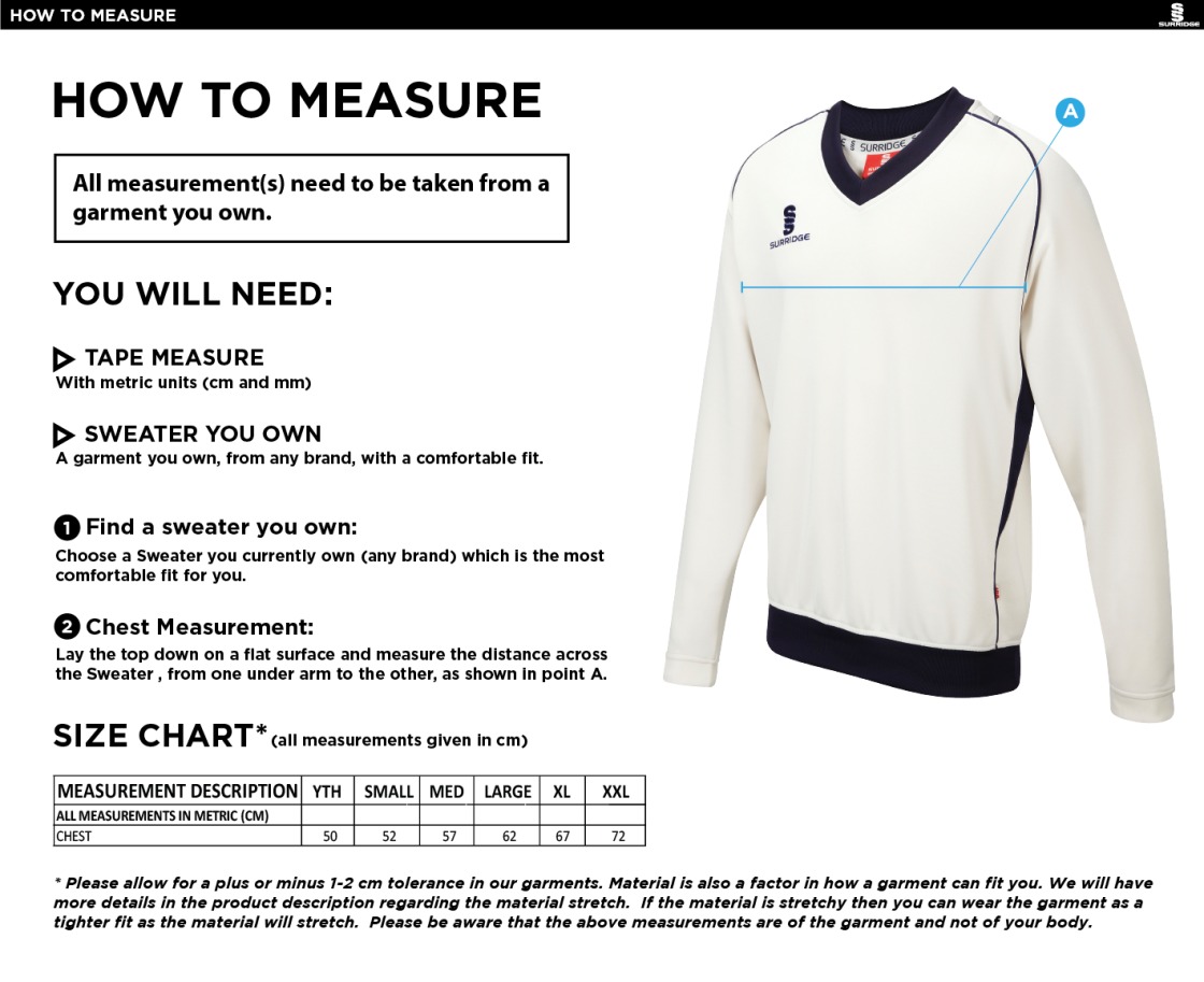 Caldecote CC - Curve Long Sleeved Sweater - Size Guide