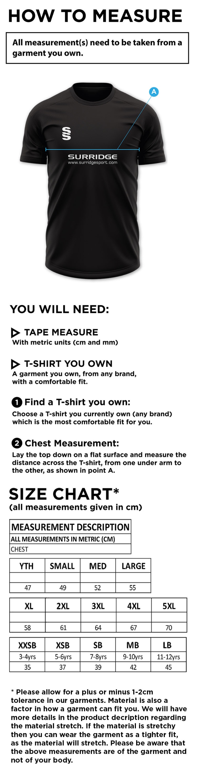 Caldecote CC - Blade Training Shirt - Size Guide