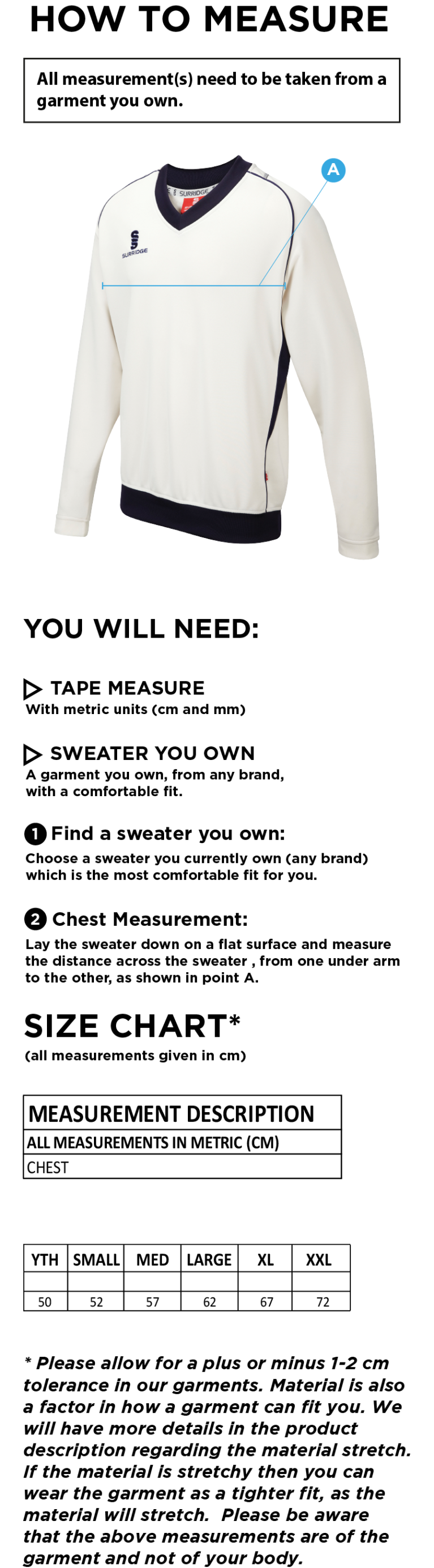 Caldecote CC - Curve Long Sleeved Sweater - Size Guide