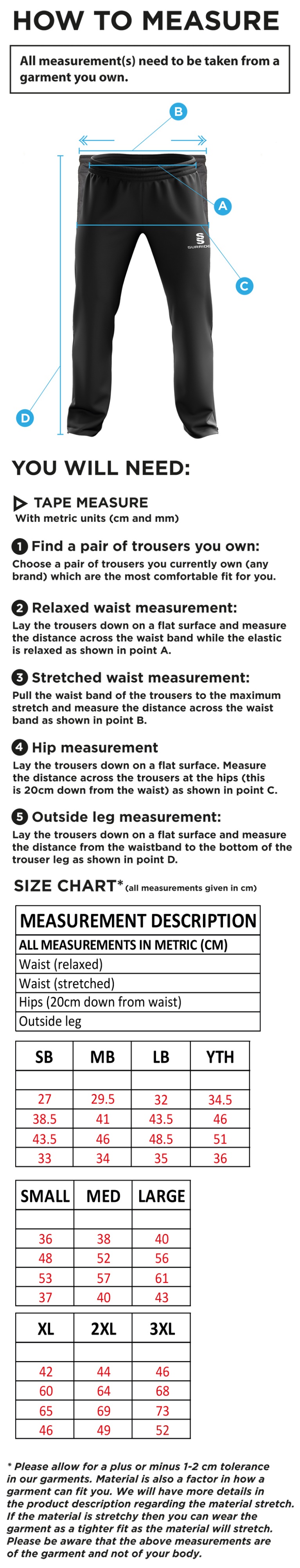 Caldecote CC - Ripstop Track Pant - Size Guide