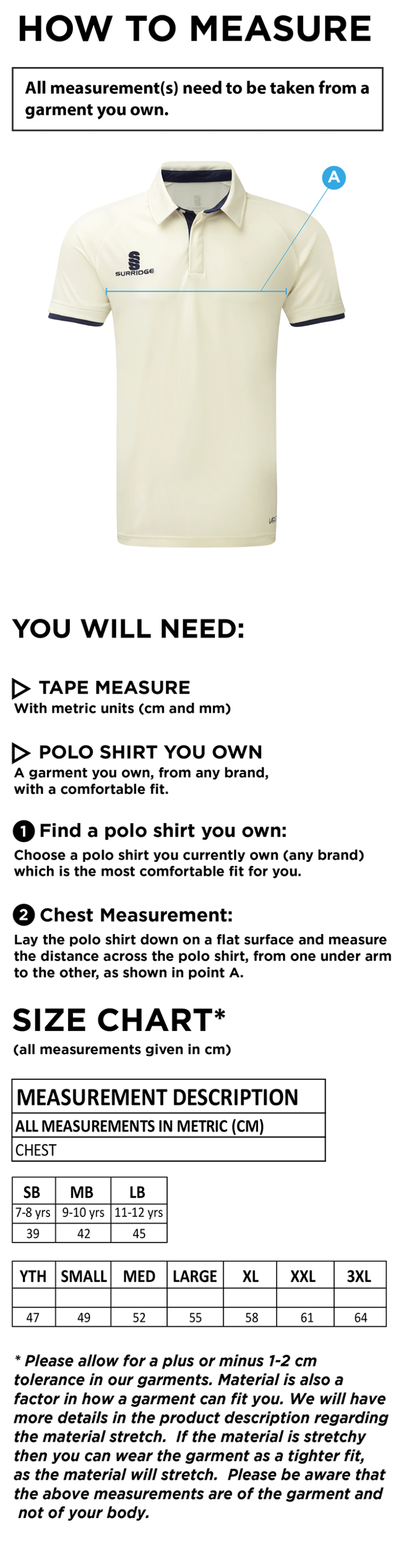 Caldecote CC - Ergo Short Sleeved Shirt - Size Guide