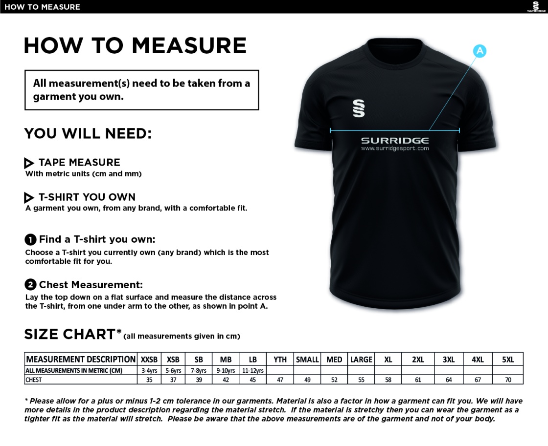 Caldecote CC - Blade Training Shirt - Size Guide