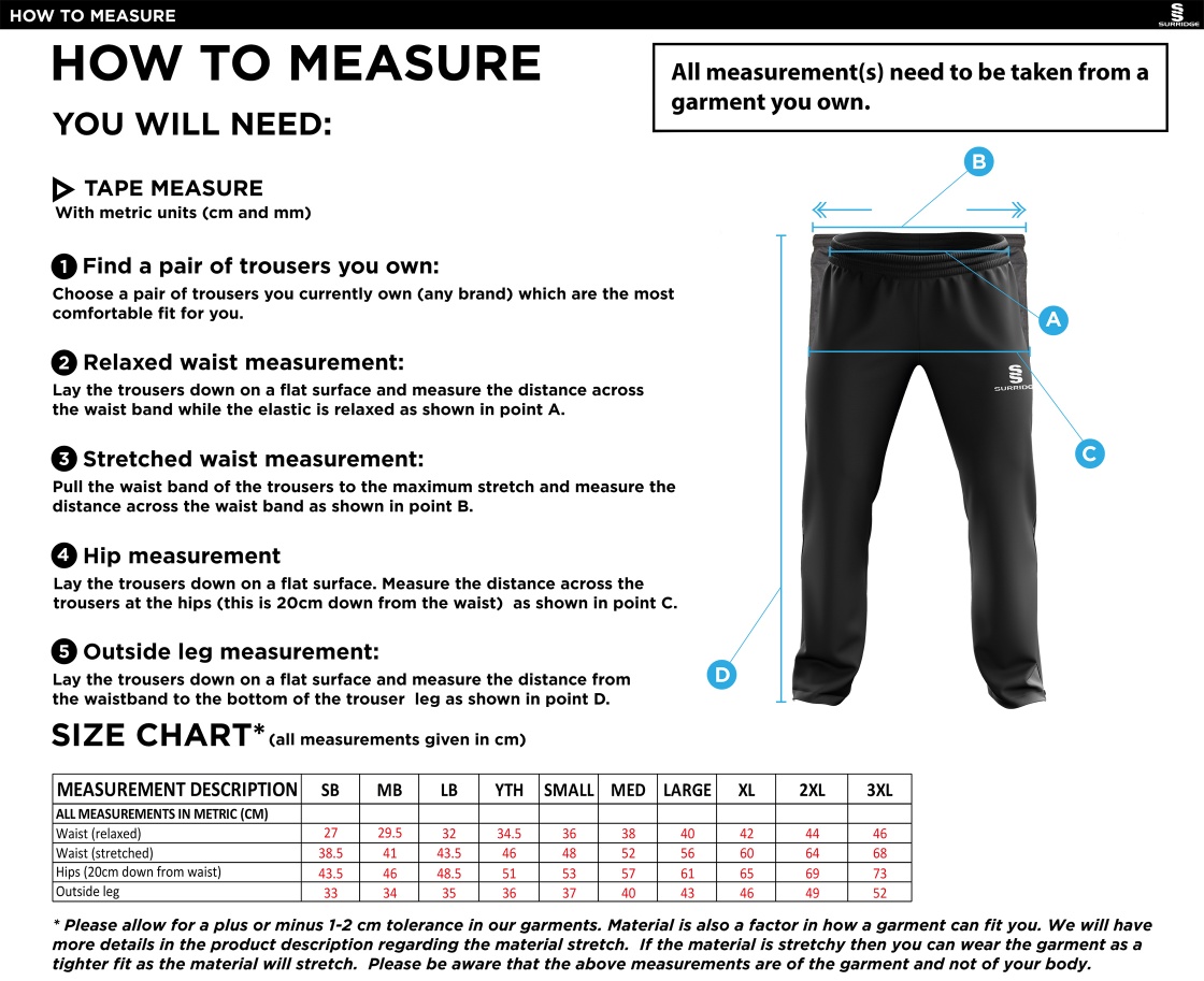 Caldecote CC - Ripstop Track Pant - Size Guide