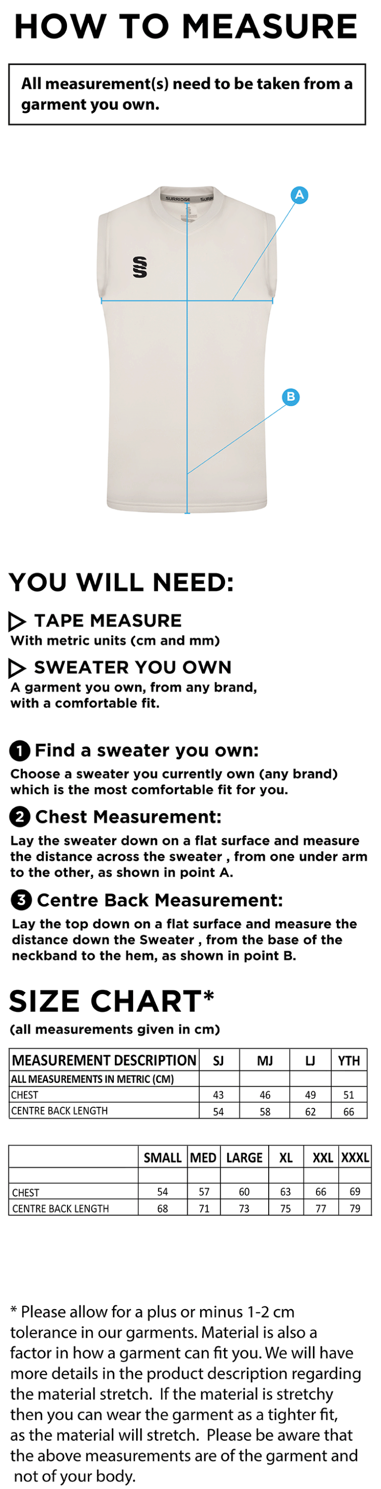 Caldecote CC Blast Sleeveless Cricket Sweater - Size Guide