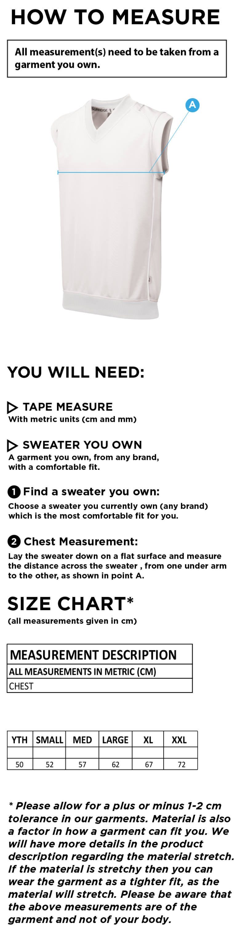 Caldecote CC - Curve Sleeveless Sweater - Size Guide