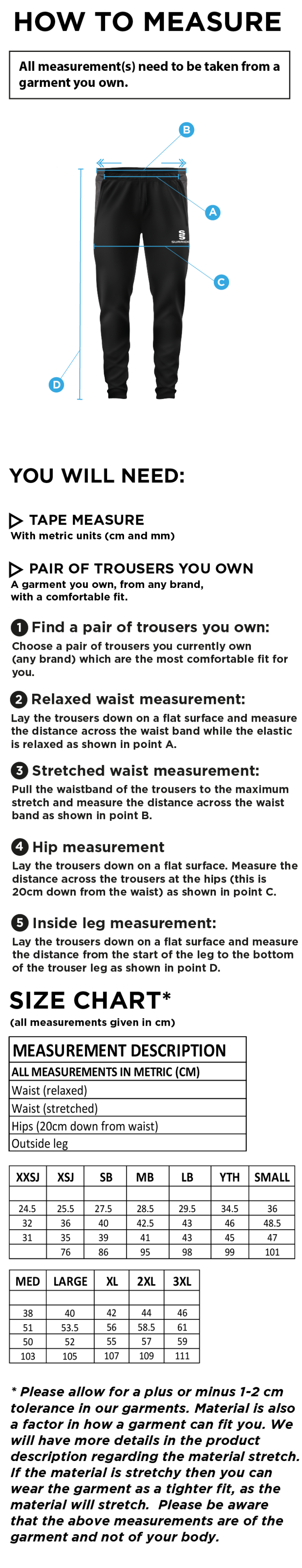 Caldecote CC - Tek Training Pant - Size Guide
