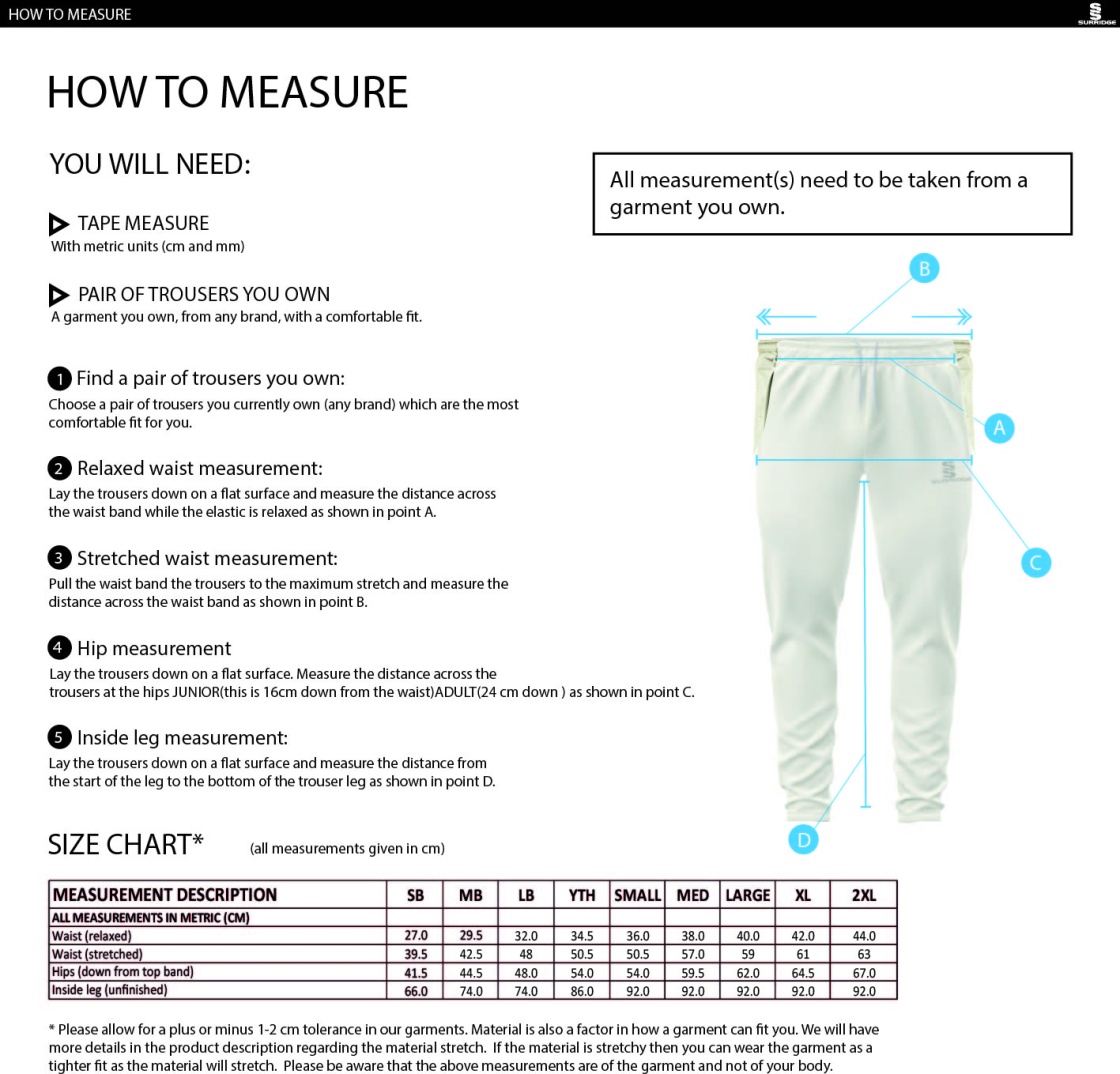 Caldecote CC - Tek Pants - Size Guide