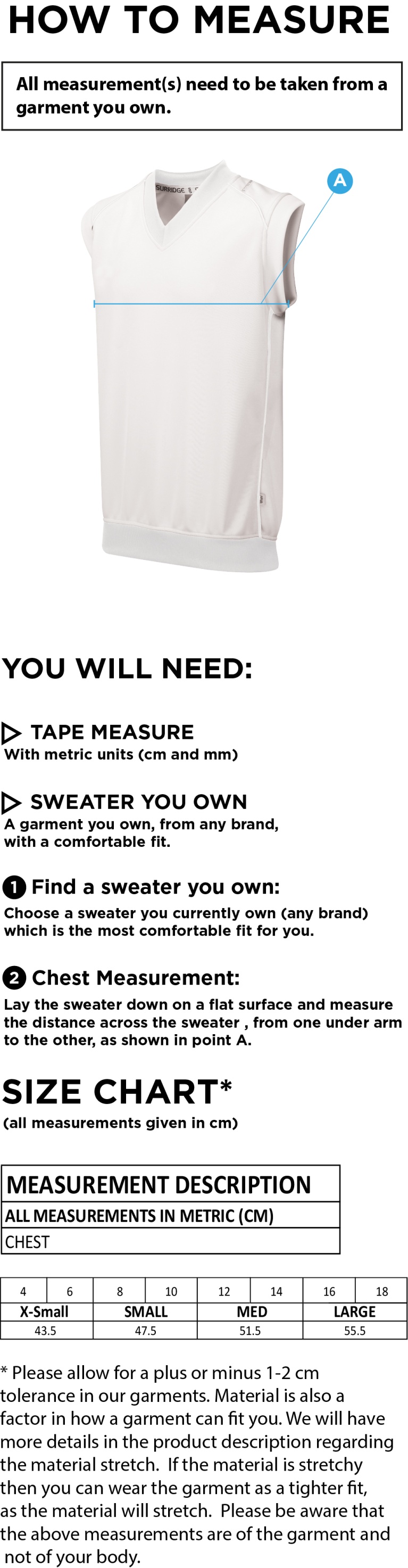 Caldecote CC Blast Sleeveless Women's Cricket Sweater - Size Guide