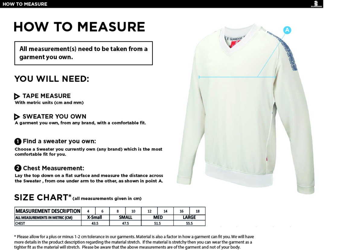 Caldecote CC Blast Long Sleeve Women's Cricket Sweater - Size Guide