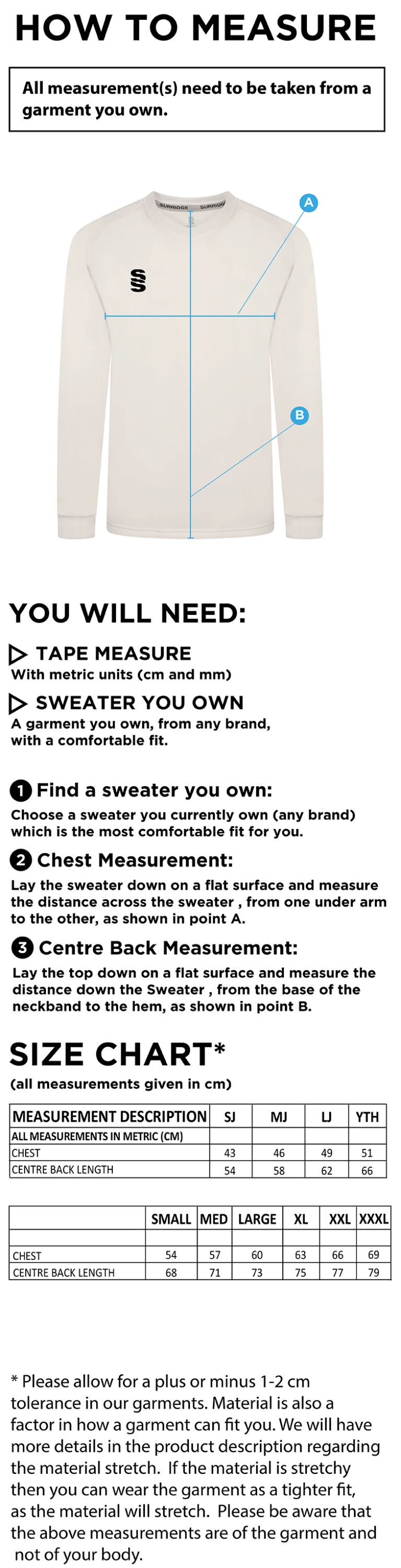 Caldecote CC Blast Long Sleeve Cricket Sweater - Size Guide