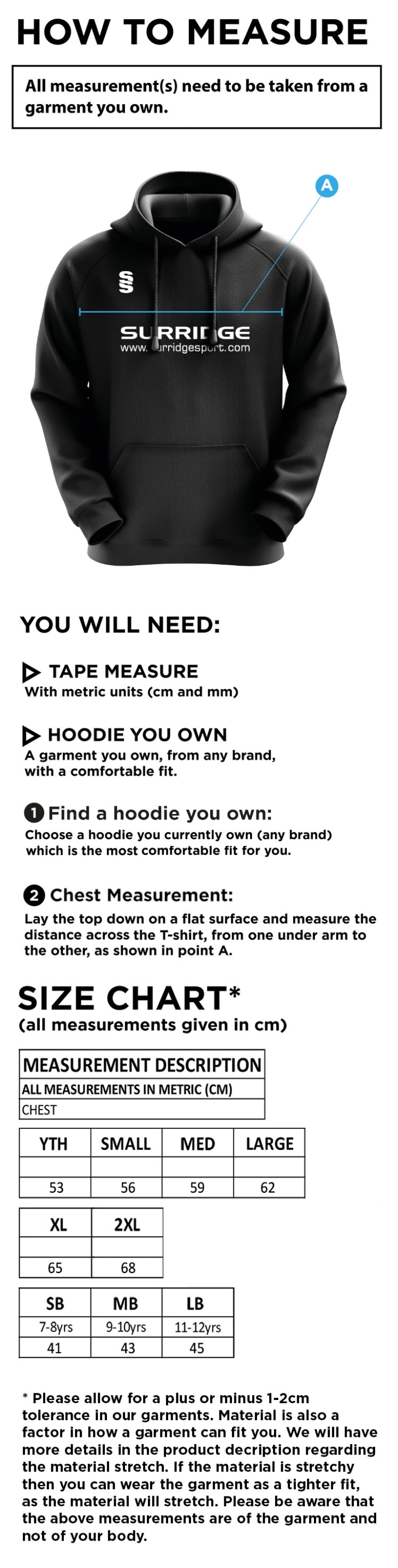 Caldecote CC - Blade Hoody - Size Guide