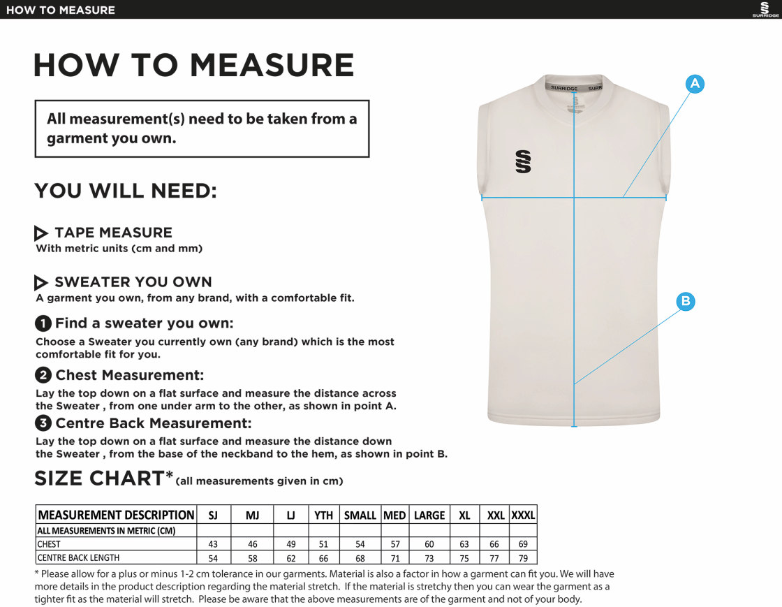 Caldecote CC Blast Sleeveless Cricket Sweater - Size Guide