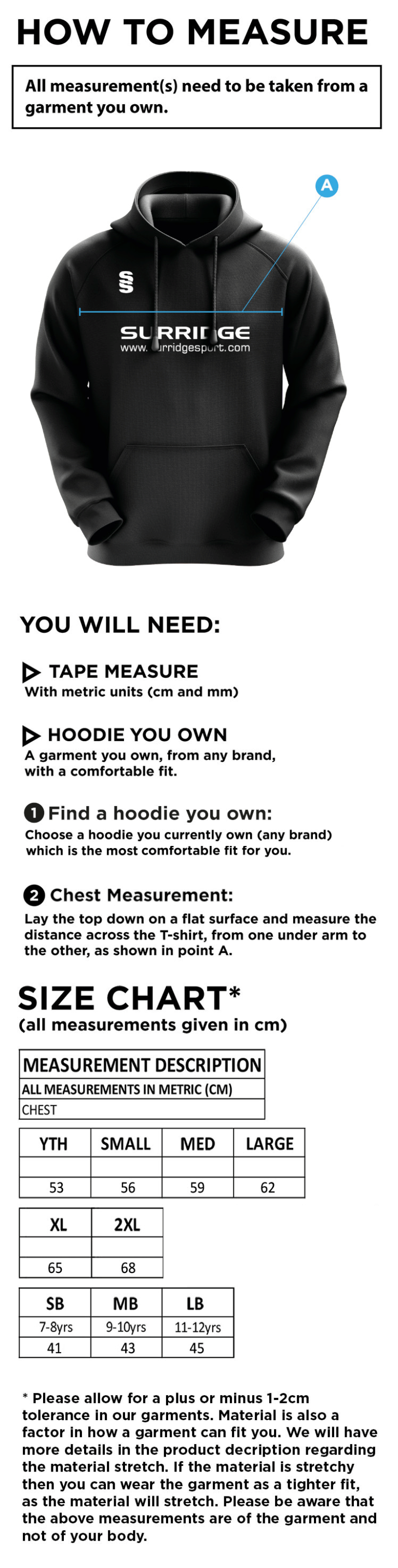 Caldecote CC - Blade Hoody - Size Guide