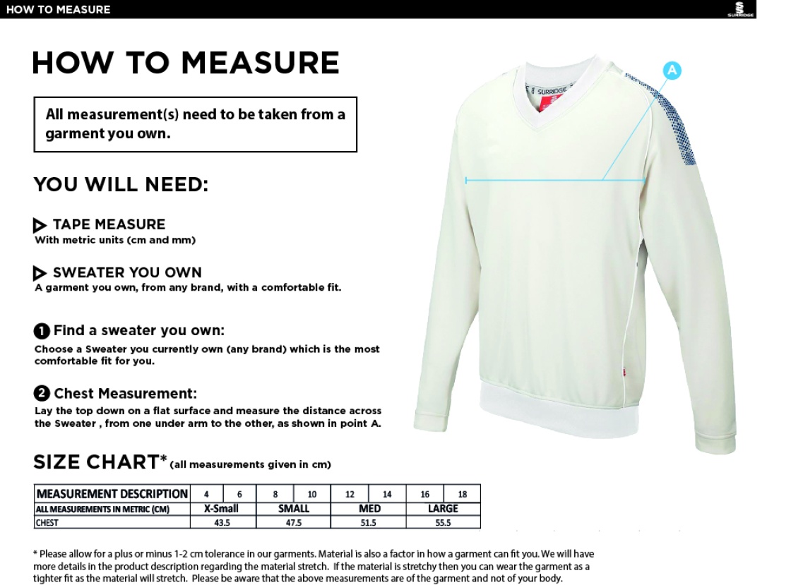 Caldecote CC Blast Long Sleeve Women's Cricket Sweater - Size Guide