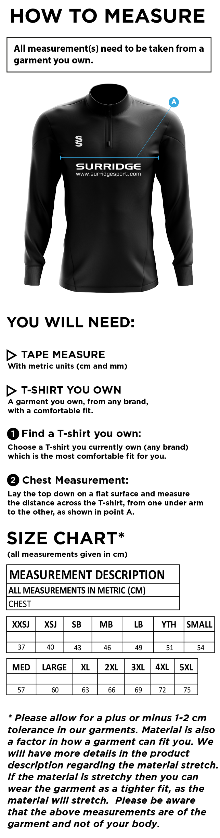 Caldecote CC - Blade Performance Top - Size Guide